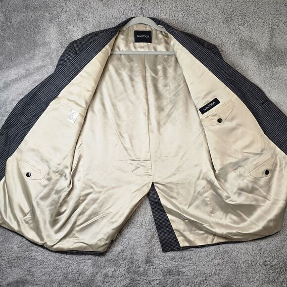 Nautica Men's Sport Coat 44R Gray Houndstooth Silk Wool Linen Blend Blazer - Picture 3 of 8